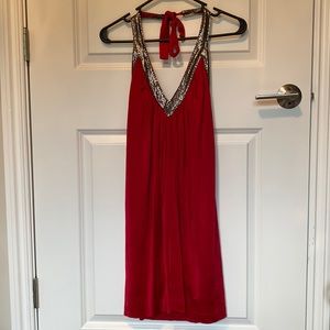 BCBG Max Azria Embellished Red Halter Dress